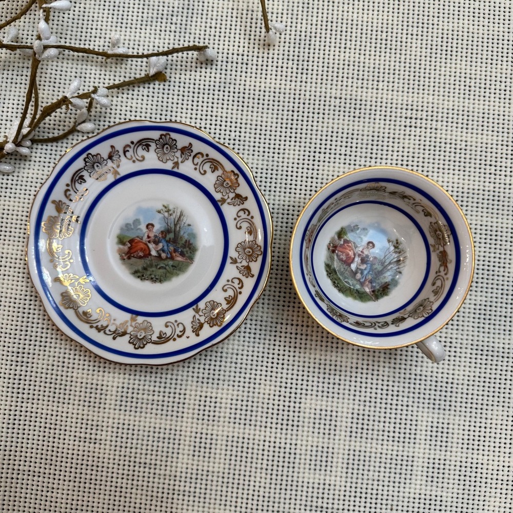 Mitterteich Bavaria Demitasse teacup  Saucer set Germany Courtship Print Vintage